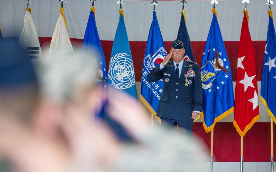 Lt. Gen. Thomas Bergeson gives his final salute as leader of the 7th Air Force at Osan Air Base, South Korea, Monday, Aug. 27, 2018.