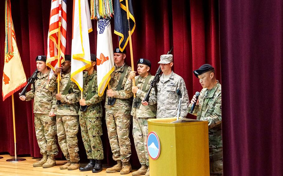 Maj. Gen. Viet Xuan Luong speaks to soldiers after taking the helm of U.S. Army Japan at Camp Zama, Japan, Tuesday, Aug. 28, 2018.