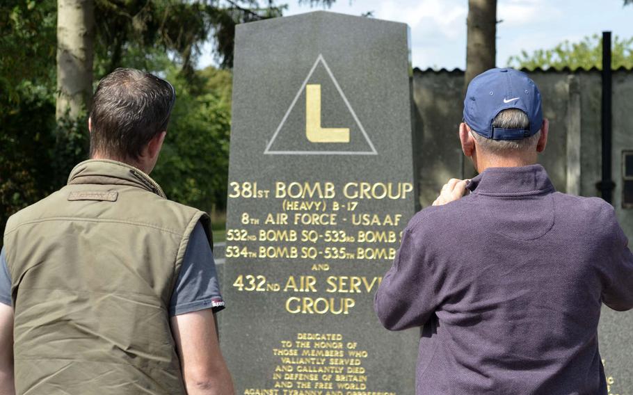 British farmer Andy Cox, left, and American Ken Spatz visit a memorial for the 318st Bomb Group in Ridgewell, England, Friday, Aug. 31, 2018. Spatz's father, also named Ken Spatz, was a waist gunner on board a B-17 that crashed shortly after takeoff on July 13,1944.