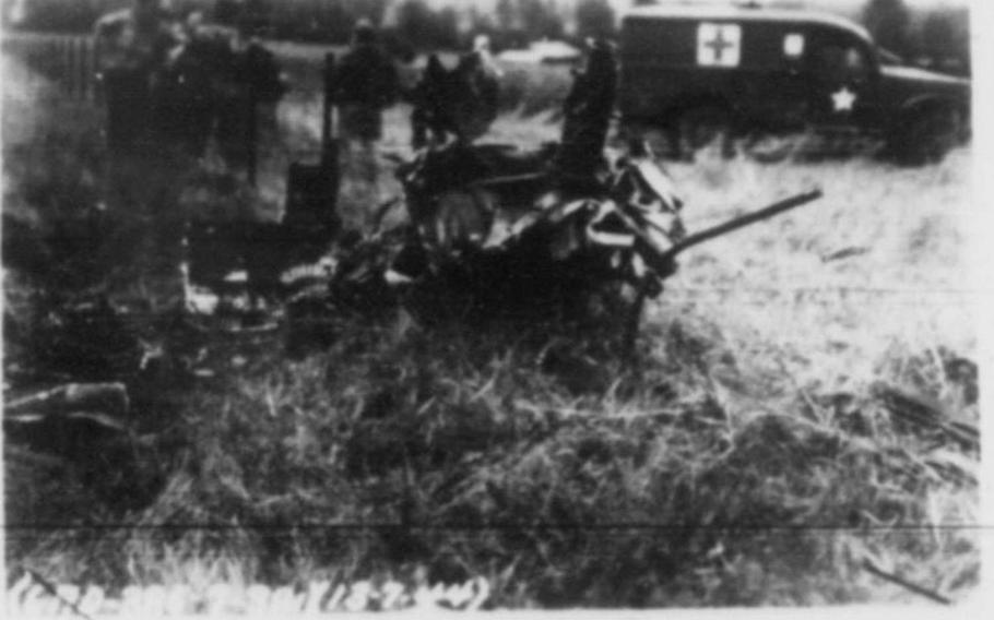 Photo of the crash of a B-17 Flying fortress named Smashing Thru in Ridgefield, England, July 13,1944. Eight crew members were killed as the plane skidded into an unseen railroad cut during an emergency landing.

Photo Courtesy of Andy Cox