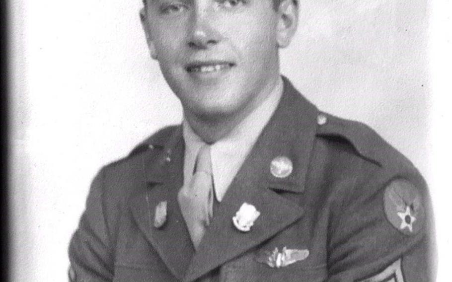 A photograph of Kenneth L. Spatz, a waist gunner on board a B-17 Flying Fortress that crashed after takeoff on July 13,1944. Spatz was assigned to the 381st Bomb Group, a unit that flew B-17 Flying Fortresses in England between June 1943 and April 1945. 