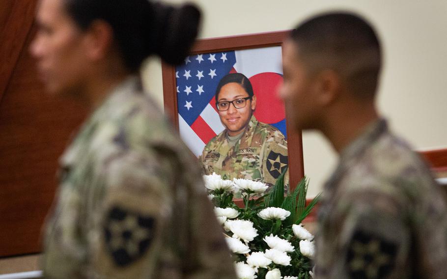 Pfc. Adrienne Barillas is remembered during a ceremony at Camp Humphreys, South Korea, Monday, Oct. 1, 2018.