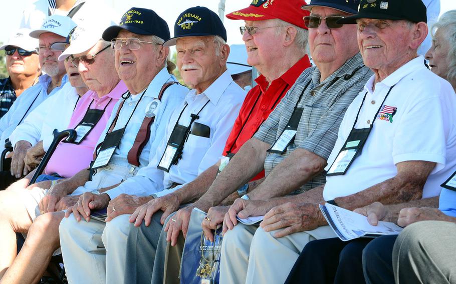 World War II veterans who were assigned to the battleship USS Indiana attend a commissioning ceremony for the USS Indiana submarine at Port Canaveral, Fla., Sept. 29, 2018.