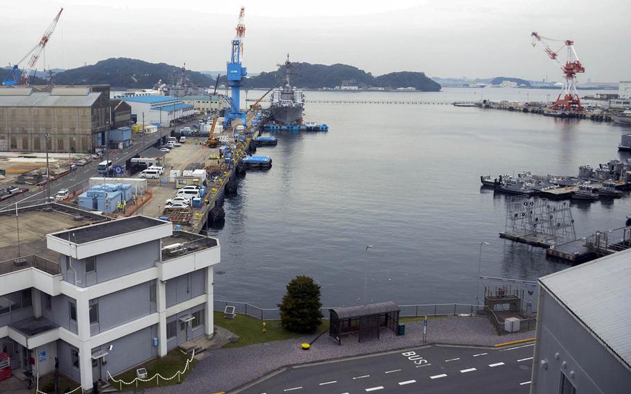 A berth at Yokosuka Naval Base, Japan, that once held the USS Blue Ridge was empty Tuesday, Oct. 3, 2018, after the 7th Fleet command ship returned to sea after two years of maintenance.