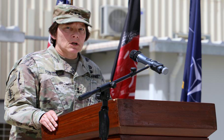 Maj. General Robin Fontes speaks during a ribbon-cutting ceremony for Combined Security Transition Command-Afghanistan's new headquarters Sept. 8, 2018, in Kabul, Afghanistan. After 15 months, Fontes is being replaced as the CSTC-A commander.