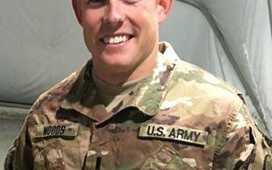 Zachary Woods is pictured here in a November 2016 Army photo taken at Bagram Air Field after Woods was promoted to first lieutenant. Woods, a West Point and Ranger School graduate, was shot in the chest inside a security watch center on the base about a month later, during a debate with a Marine vet about their firearms prowess.