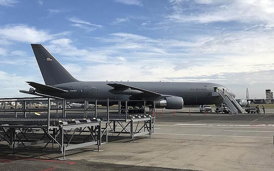 Boeing's new KC-46 Pegasus tanker sits at Yokota Air Base in western Tokyo on Wednesday, Oct. 24, 2018, after completing its maiden flight across the Pacific.