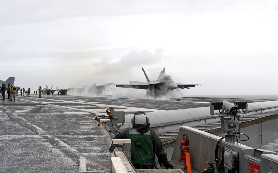 An F/A-18F Super Hornet, assigned to Strike Fighter Squadron 211, launches from the aircraft carrier USS Harry S. Truman, Oct. 19, 2018. This is the first time in nearly 30 years a U.S. aircraft carrier has entered the Arctic Circle.