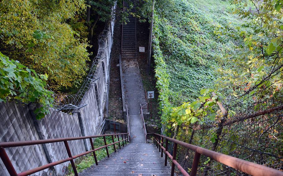 A section of the Green Mile, a running trail consisting of steep stairs along the edge of Camp Red Cloud, is seen on Sunday, Oct. 21, 2018.
