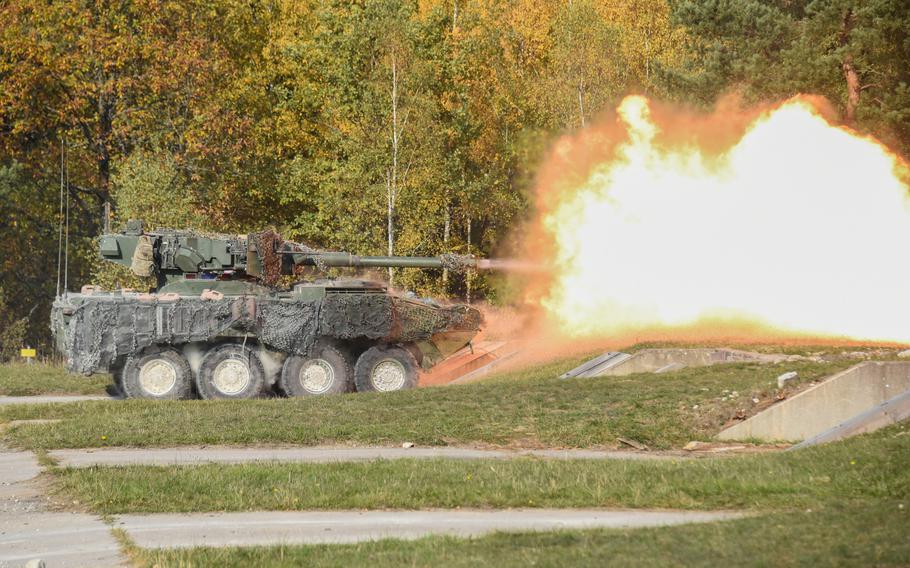U.S. soldiers assigned to 2nd Cavalry Regiment fire a M1128 Mobile Gun System during exercise Dragoon Ready at the 7th Army Training Command's Grafenwoehr training area, Germany, Oct. 17, 2018.