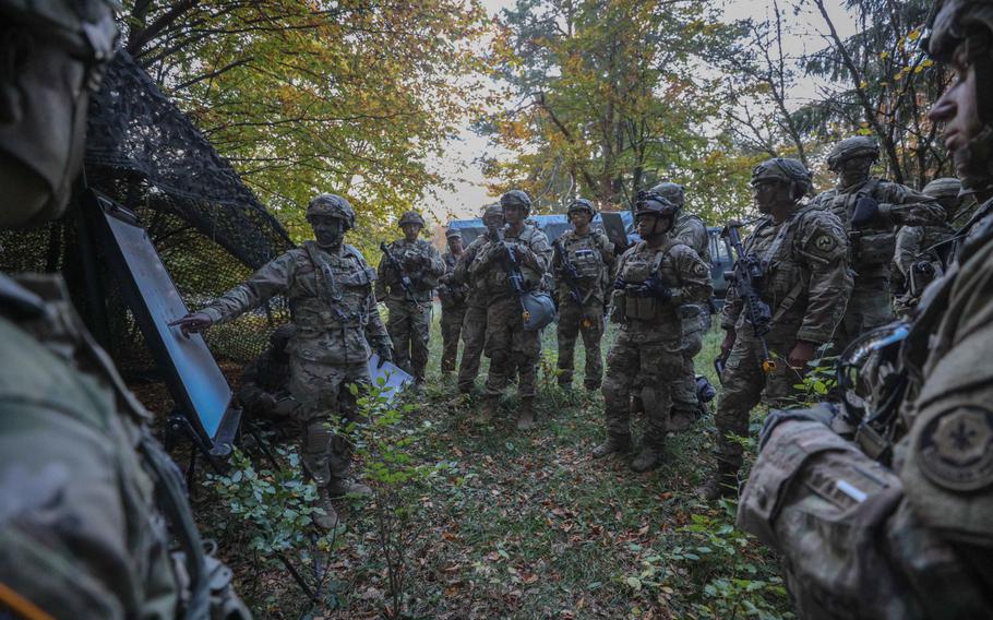 Chief Warrant Officer 3 Mendez Frith, 2nd Cavalry Regiment targeting officer, leads the first targeting working group during Dragoon Ready at the Joint Multinational Readiness Center, Hohenfels, Germany, Oct. 20, 2018.