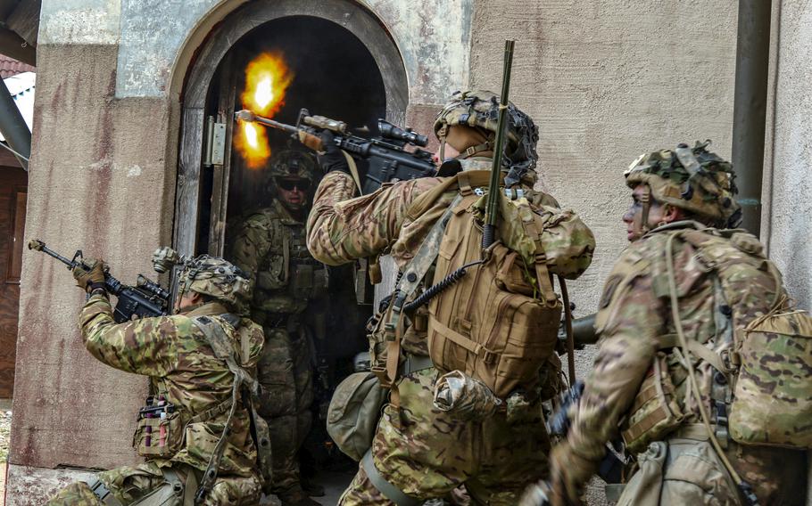 U.S. soldiers with the 2nd Battalion, 503rd Infantry Regiment, during exercise Saber Junction at Hohenfels training area, Germany, Sept. 26, 2018. A new Army strategy calls for a faster force that will be subjected to more unpredictable mobilizations to ensure the service can quickly mobilize for a major war.