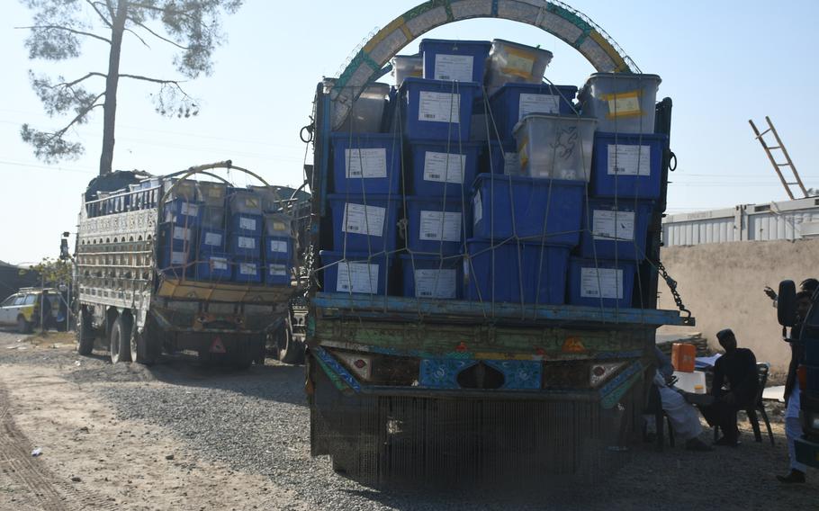 Election material about to be transported to polling stations in Kandahar on Friday, Oct. 26, 2018.