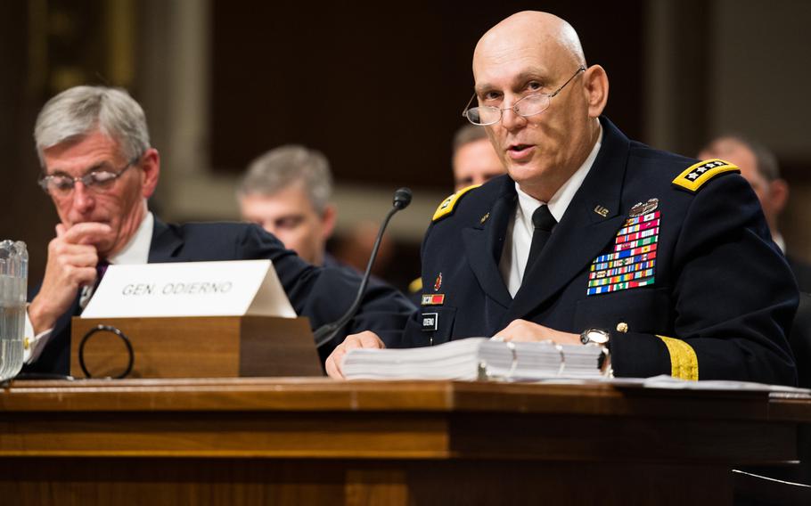Former U.S. Army Chief of Staff Gen. Ray Odierno testifies before the U.S. Senate Committee on Armed Services on Capitol Hill, April 3, 2014.