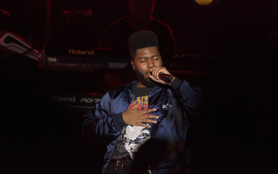 Khalid performs for servicemembers and their families at Kadena Air Base, Okinawa, Oct. 26, 2018.