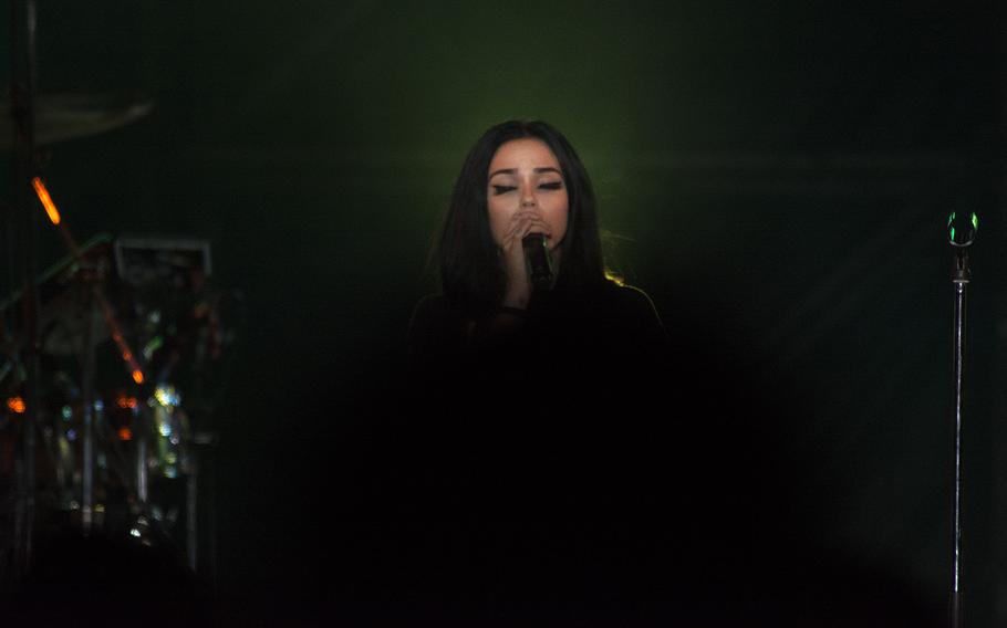 Maggie Lindemann, known for the songs "Human" and "Perfect Girl," performs for servicemembers and their families at Kadena Air Base, Okinawa, Oct. 26, 2018.