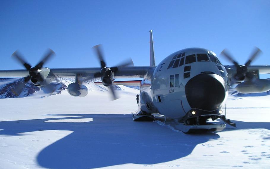 A New York Air National Guard LC-130 cargo plane taxis on skis in Antarctica in this undated photo.