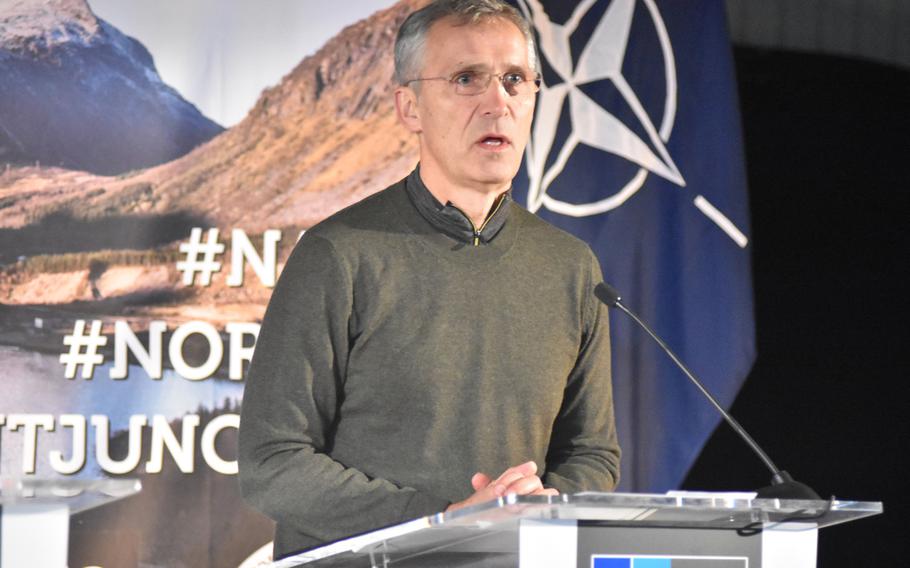 NATO Secretary-General Jens Stoltenberg addresses questions at a Trident Juncture exercise press conference on Oct. 30, 2018 outside Trondheim, Norway, before a demonstration of NATO's land, air and sea forces. Trident Juncture is the largest NATO exercise since the Cold War ended, with an estimated 50,000 personnel participating.