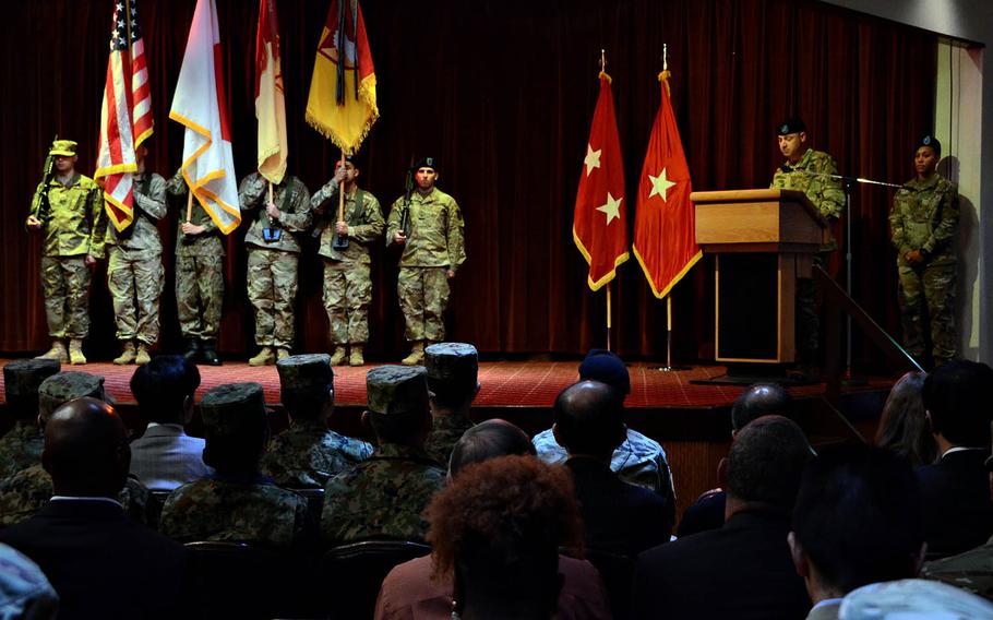 Col. Patrick Costello speaks after taking command of the newly reformed 38th Air Defense Artillery Brigade at Camp Zama, Japan, Wednesday, Oct. 31, 2018.