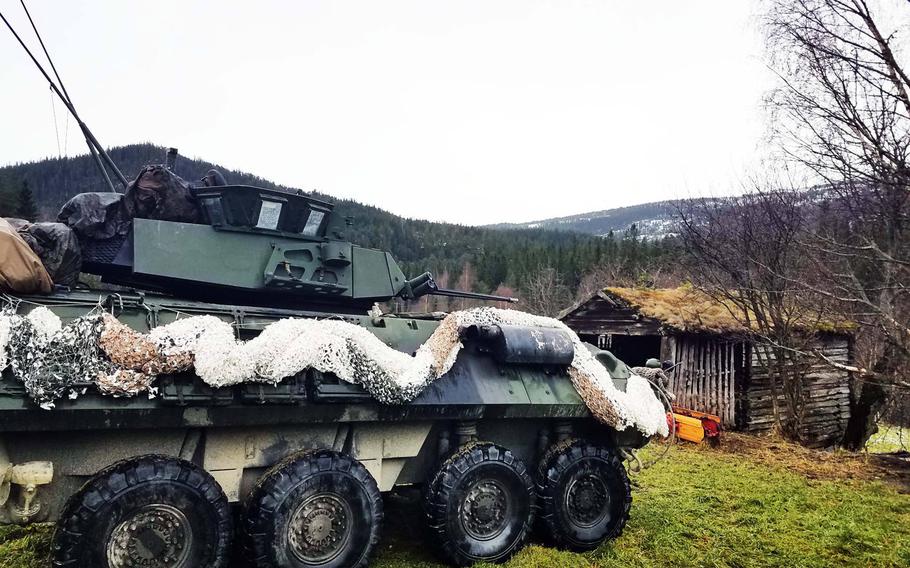 A Marine LAV-25 at one of the battle positions, at Exercise Trident Juncture, near Rennebu, Norway, Wednesday, Oct. 31, 2018.