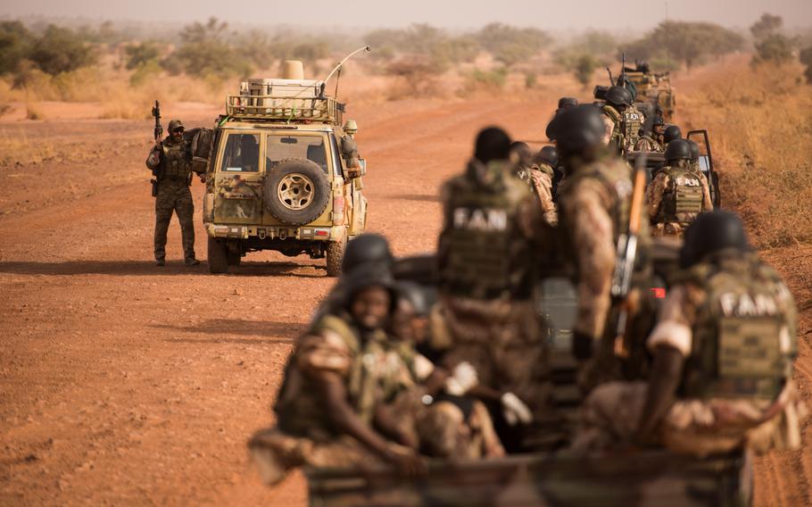 Soldiers participate in the special operations exercise Flintlock 18 in Niger on April 15, 2018. The exercise followed an October 2017 incident where four U.S. soldiers were ambushed and killed in Niger.

Jeremiah Runser/U.S. Army