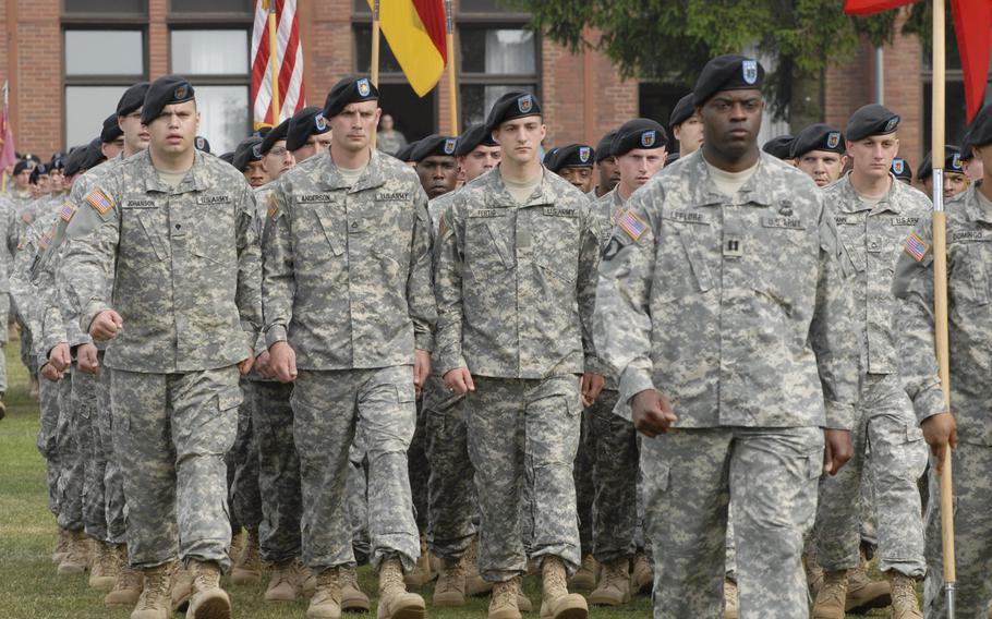 Soldiers of 1st Battalion, 94th Field Artillery Regiment  pass in review as the unit cased its colors in May 2008 at Strassburg Kaserne in Idar-Oberstein, Germany. It was the las unit at the now-shuttered base. According to the German newspaper Rhein-Zeitung, the Army has looked at six buildings on the base as part of a survey to find buildings appropriate for housing options.