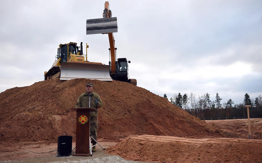 Col. Adam Boyd, commander of U.S. Army Garrison Bavaria, speaks during the groundbreaking for the new elementary school at Grafenwoehr, Germany, Tuesday, Nov. 20, 2018.