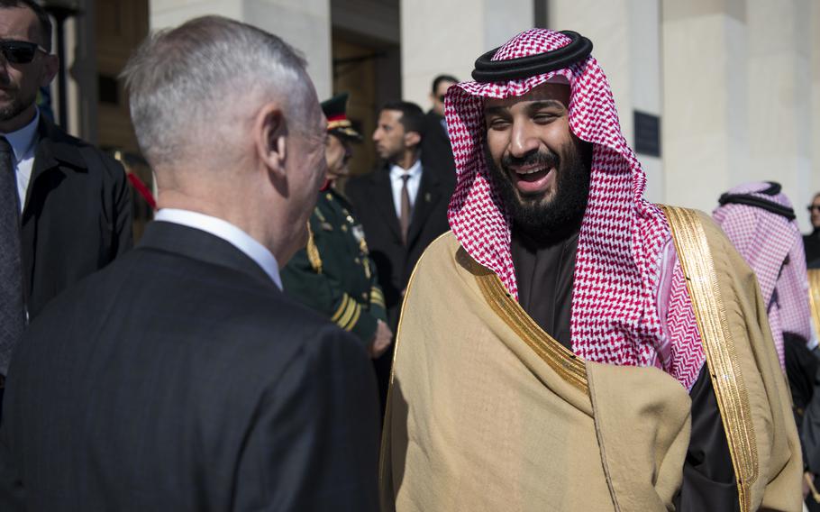 Defense Secretary Jim Mattis meets with Saudi Arabia's Crown Prince Mohammed bin Salman bin Abdulaziz at the Pentagon in Arlington, Va., Mar. 22, 2018.