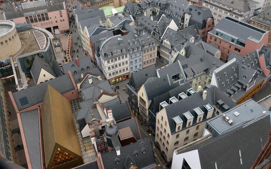 A view of Frankfurt's new Old Town as seen from the viewing platform of the cathedral, about 200 feet above the city.