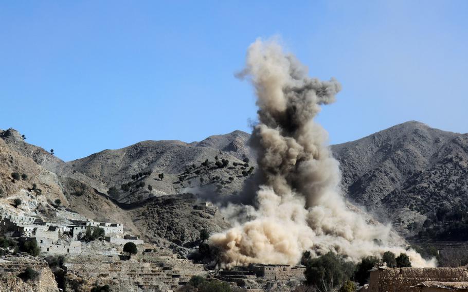 An airstrike supports Afghan commandos clearing out Islamic State fighters and fighting positions in Pekha Valley, Achin district, Nangarhar province, Afghanistan, Feb. 17, 2018. The U.S. dropped more bombs and other munitions in Afghanistan during the first ten months 2018 than in any other full year since at least 2006, when documentation began.