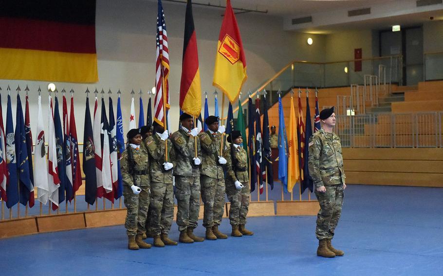 Col. Seth Knazovich, the  commander of the 41st Field Artillery Brigade, stands in front of a crowd at the activation ceremony, at Grafenwoehr, Germany, Friday, Nov. 30, 2018.