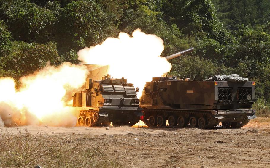 An M270 multiple launch rocket system fires during a live fire training exercise at Rocket Valley, South Korea, Sep. 25, 2017. The 41st Field Artillery Brigade, a Multiple Launch Rocket System unit, was reactivated at the U.S. Army Garrison Bavaria, Friday, Nov. 30, 2018.