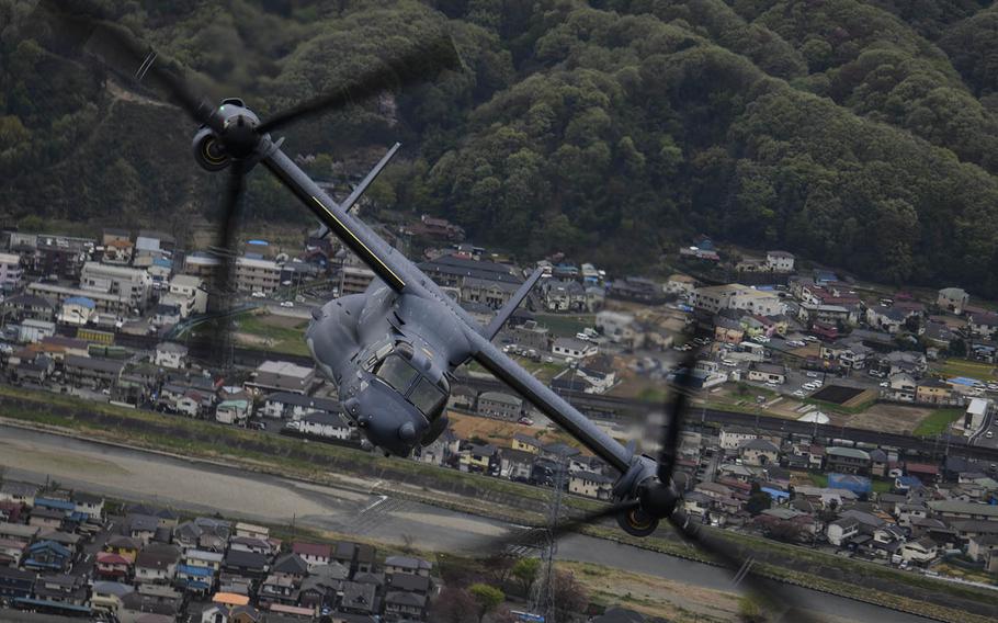 A Japanese court awarded compensation to residents near Yokota Air Base who complained of noise from aircrfaft like this CV-22 Osprey flying above Tokyo, April 5, 2018.