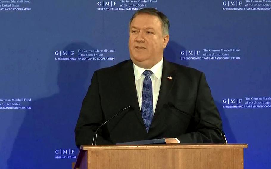 Secretary of State Mike Pompeo delivers keynote remarks at the George Marshall Fund of the United States in Brussels, Belgium, Tuesday, Dec.4, 2018. Pompeo is in Brussels for  NATO foreign ministerial meetings.