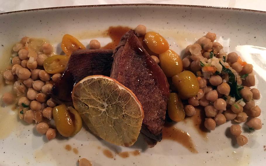 During the winter months, a seasonal menu at Zeppelino's in Stuttgart features different goose dishes. Here is a goose breast served with ginger-flavored chickpeas.