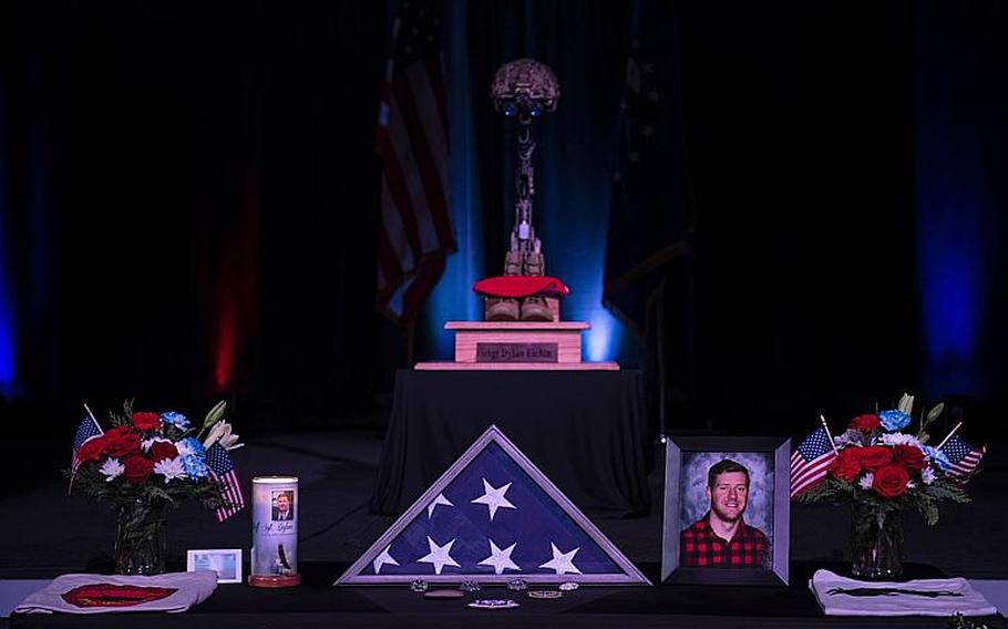 A memorial for U.S. Air Force Staff Sgt. Dylan Elchin, a combat controller with the 26th Special Tactics Squadron, is displayed during a service in Moon Township, Pa., Thursday, Dec. 6, 2018. Elchin was killed in Ghazni province, Afghanistan, on Nov. 27, 2018. 