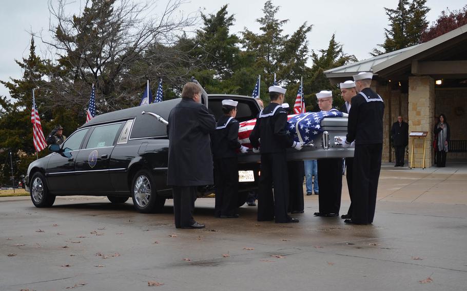 Fireman 1st Class Albert Kane???s casket is delivered to the Dallas Fort Worth National Cemetery of Dec. 7, 2018, 77 years after he died during the attack on Pearl Harbor.