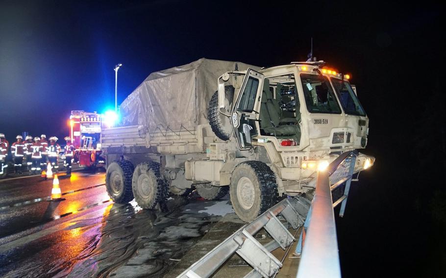 A U.S. Army truck was involved in a serious accident on autobahn A3 near Velburg, about 47 miles south of Grafenwoehr. The accident happened on a 130-foot  high bridge, when a delivery van crashed into the back of the truck.