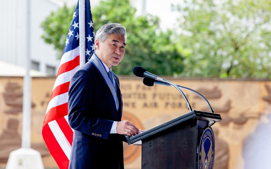 U.S. Ambassador to the Philippines Sung Kim speaks at the ceremony returning the Balangiga Bells to the Philippines at Villamor Air Base, Manila, Philippines, Tuesday, Dec. 11, 2018.