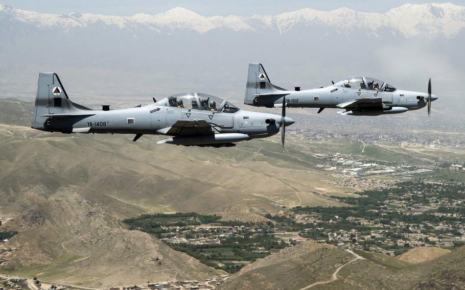A formation of A-29 Super Tucanos fly over Kabul, Afghanistan, during a mission in 2016. The Afghan air force has recently conducted its first nighttime airstrikes after months of training by U.S. and international forces.