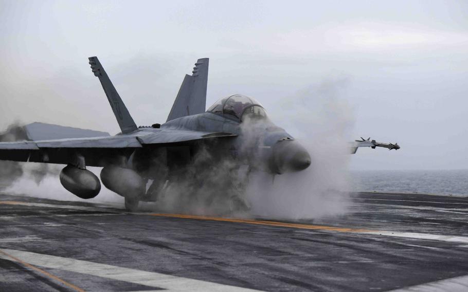 An F/A-18F Super Hornet of Strike Fighter Squadron 11, launches from the aircraft carrier USS Harry S. Truman, Oct. 19, 2018. For the first time in nearly 30 years, a U.S. aircraft carrier entered the Arctic Circle.
