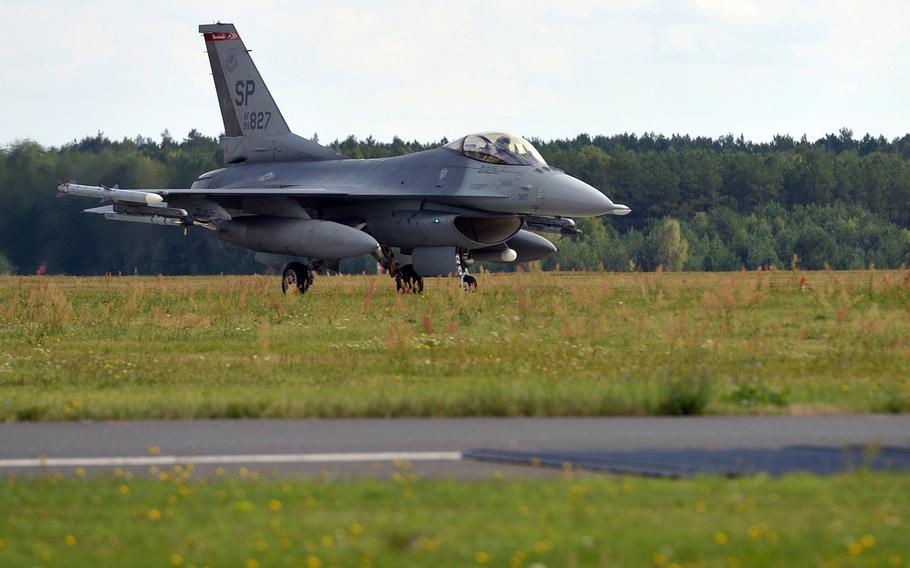 A F-16 Fighting Falcon of the 480th Fighter Squadron from Spangdahlem Air Base, Germany, rolls down the runway at Lask Air Base, Poland in 2015. A task force led by retired Gen. Phillip Breedlove, a former EUCOM commander, is recommending a beefed up American military force in Poland, home-porting Navy destroyers in Denmark and other steps to muscle up against a Russian military that has allies outgunned in the east.