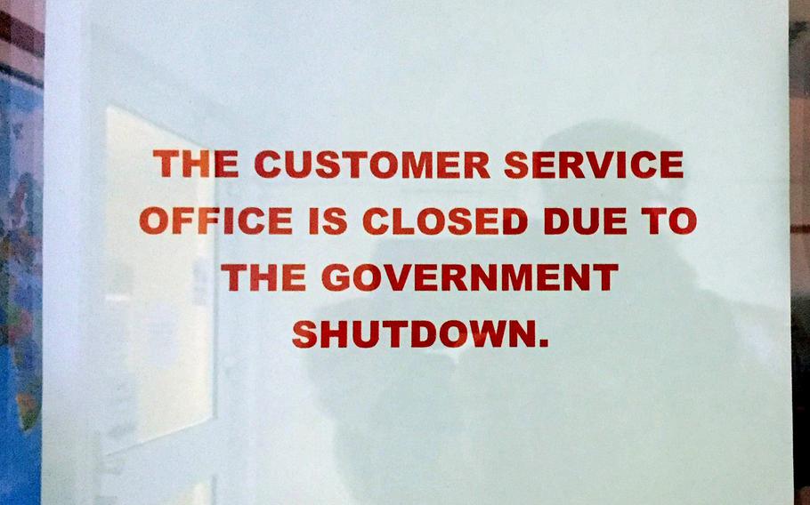 A customer service office on Kleber Kaserne in Kaiserslautern, Germany, was closed in February due to the government shutdown. It should be business as usual at U.S. bases across Europe should there be another shutdown, because money for current operations has already been budgeted for.