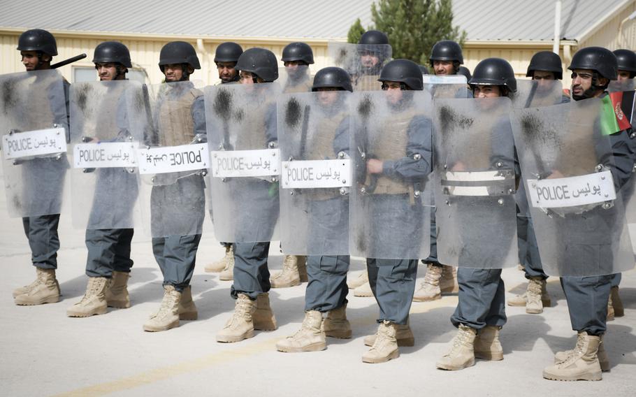 Afghan police in training conduct a crowd-control drill at the Regional Police Training Center in Herat, Oct. 28, 2018. Responsibility for training police primarily belongs to Afghan mentors, with allied troops now focusing on advising at higher echelons and with Afghan special operations. 
