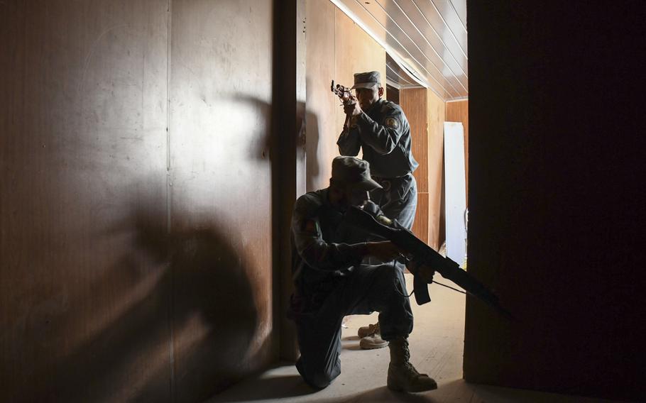 Afghan police in training clear a building at the Regional Police Training Center in Herat, Oct. 28, 2018. Responsibility for training police primarily belongs to Afghan mentors, with allied troops now focusing on advising at higher echelons and with Afghan special operations. 