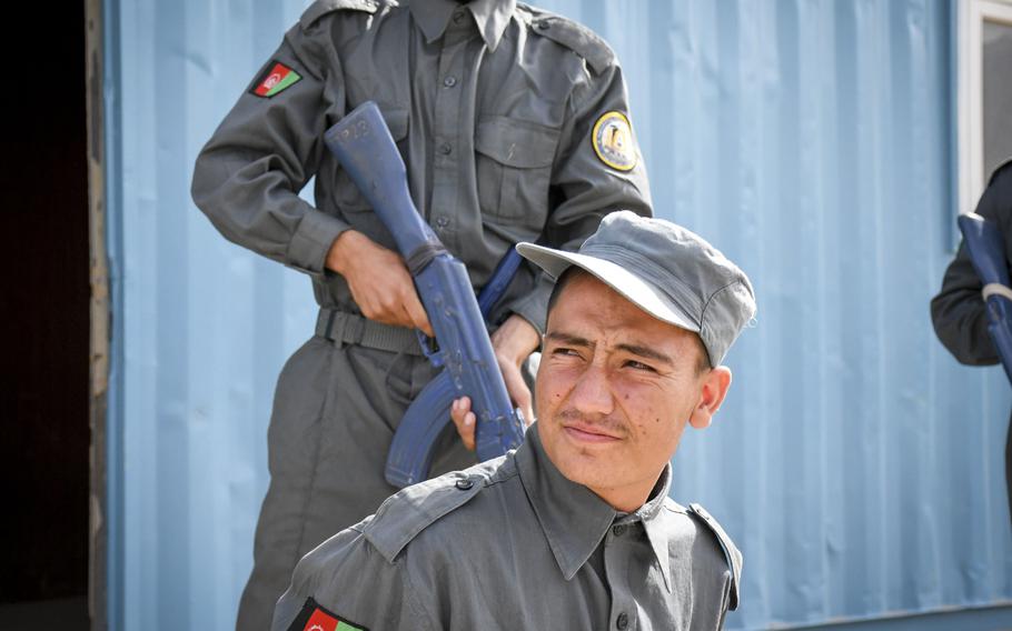 Afghan police in training practice detaining and arresting each other at the Regional Police Training Center in Herat, Oct. 28, 2018. Responsibility for training police primarily belongs to Afghan mentors, with allied troops now focusing on advising at higher echelons and with Afghan special operations. 
 
