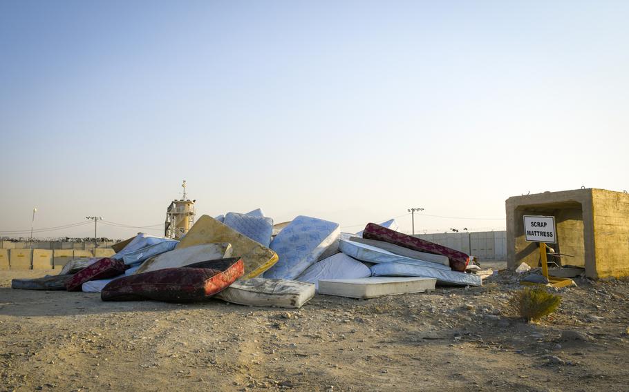 Personnel at Bagram Air Field produce about 70 tons of waste each day at the base on average. Workers collect mattresses and have given them to Afghans outside the base walls. About half of the trash each day is recycled and used by locals in areas around the base.