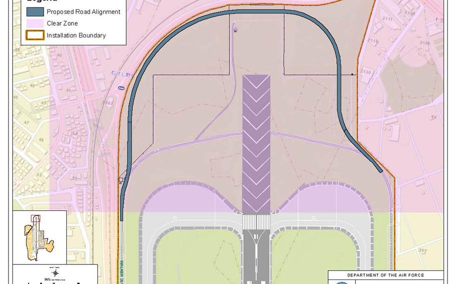 This map shows the proposed path of a road extension that will allow drivers to cross Yokota Air Base, Japan, without stopping for aircraft.