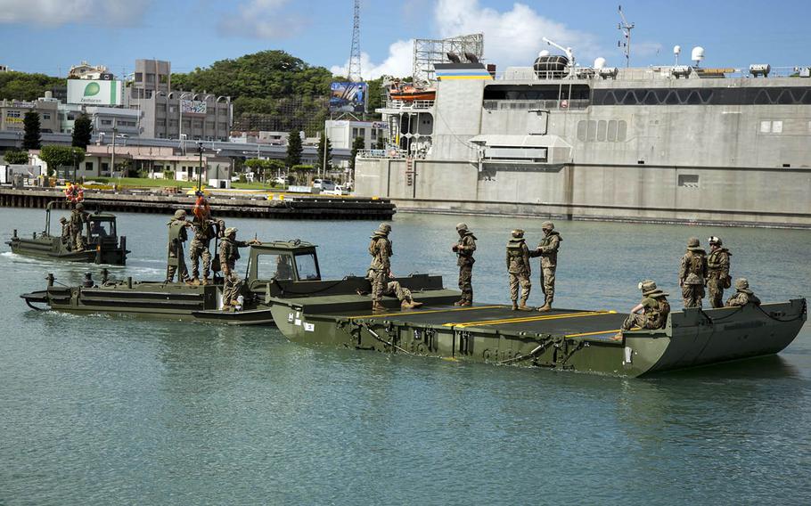 Marines deploy improved ribbon bridges during training in August 2018 at Naha Military Port, Okinawa. An IRB can be used as a bridge or ferry to carry vehicles and equipment across bodies of water.