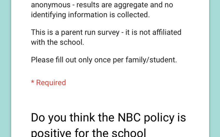 A survey on the NSA Bahrain Moms & Dads Group Facebook page asks if parents agree with the ?No Body Contact? policy at Bahrain Elementary School.